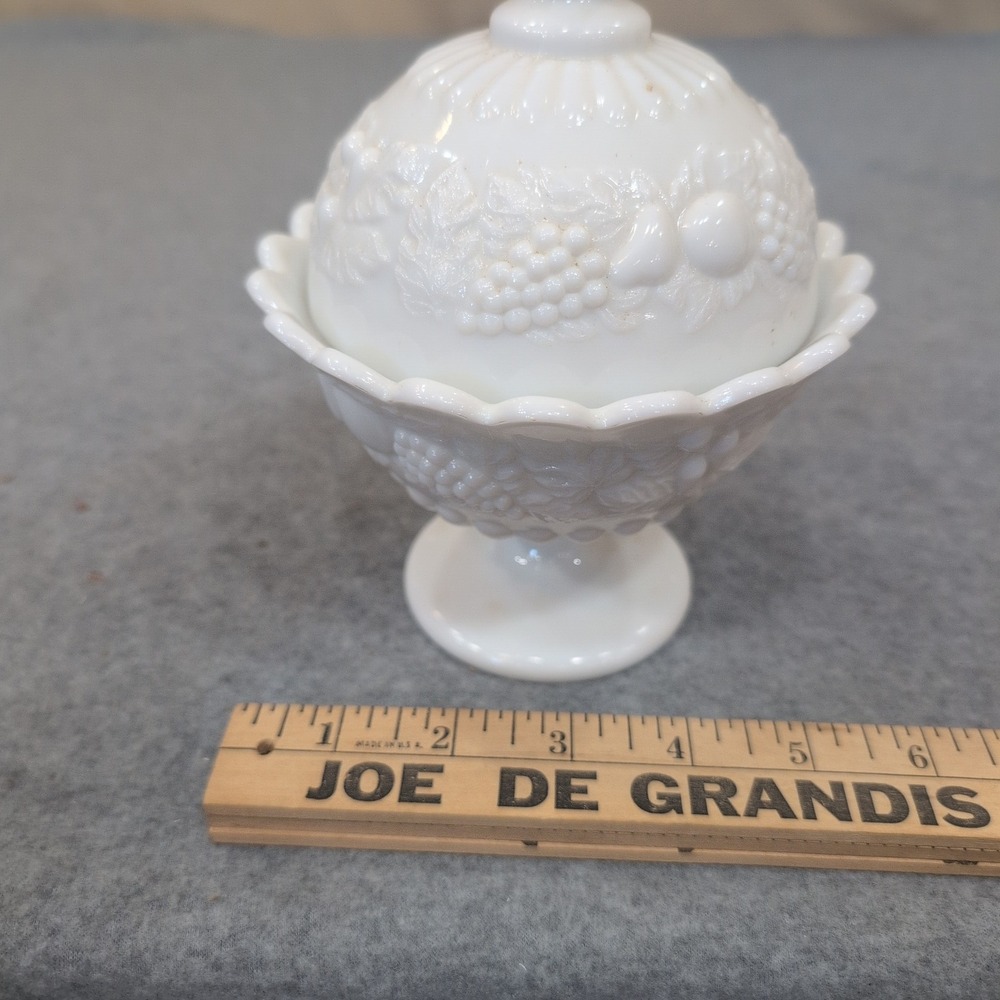 Vintage White Milk Glass Harvest Fruit Embossed Pedestal Candy Dish with Lid - Picture 8 of 8